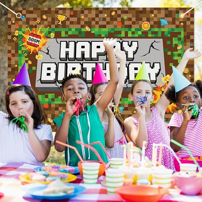 Pixel Birthday Backdrop Banner, 5x3ft/150x100cm Video Game Theme Happy Birthday Backdrop Decoration for Pixel Theme Kids Game Party Decoration Supplies