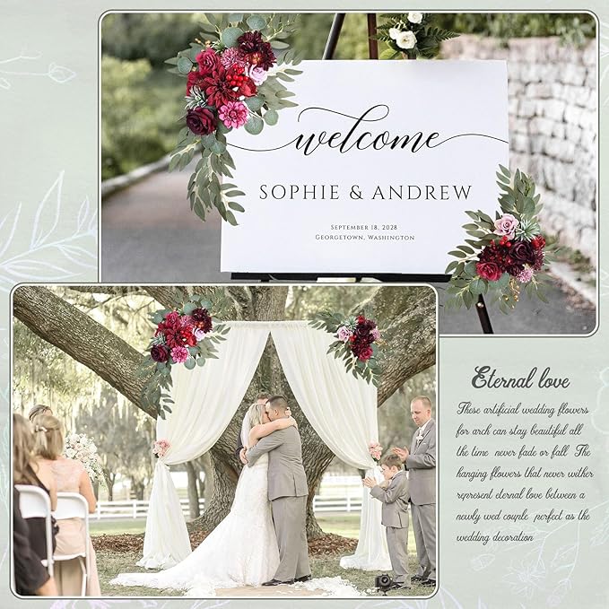 Faux Flower Swag Set of 2, Burgundy Artificial Flowers Swags for Wedding Arch, Wedding Welcome Signs, Welcome Reception Ceremony Signs Decorations