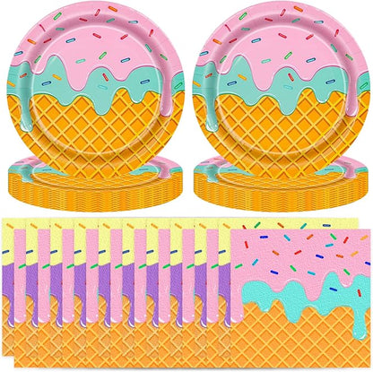 T-Antrix 40 Pcs Ice Cream Party Supplies, Disposable Ice Cream Paper Plates and Napkins Tableware Set for Kids & Girls Birthday, Baby Shower & Themed Parties Serves 20