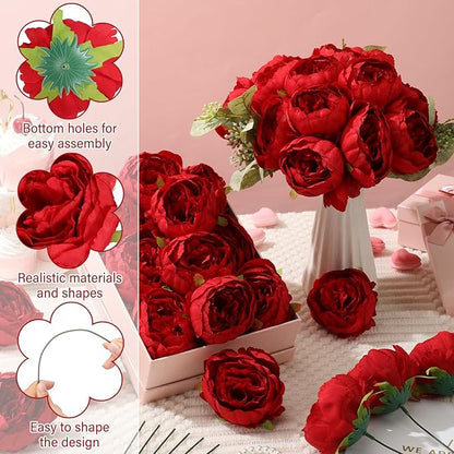 50 Pcs Artificial Peony Flower Bulk 3.5 Inch Silk Peony Flowers Heads with Stems Realistic Fake Roses for DIY Wedding Party Craft Bridal Bouquets Table Centerpieces Vase Home Decor(Red)
