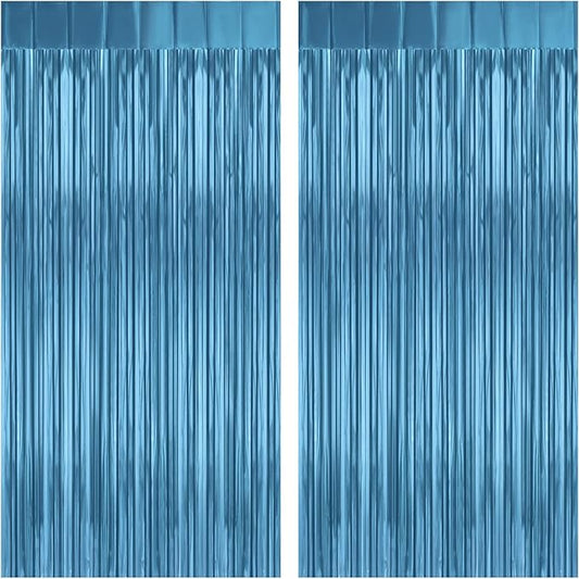2 Pack Lake Blue Foil Fringe Curtains Tinsel Backdrop, 3.2Ft x 8.2Ft Metallic Tinsel Photo Booth Backdrop Curtains for Birthday Background Wedding Engagement Bridal Shower Bachelorette Decorations