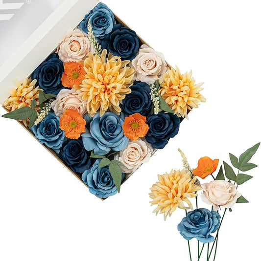 FANKO Artificial Flowers Navy Blue Rose, Mixed Fake Silk Flowers Combo Cream Rose Yellow Chrysanthemum Vintage Assorted Blooms for DIY Wedding Bridal Bouquets/Centerpieces/Home Decor