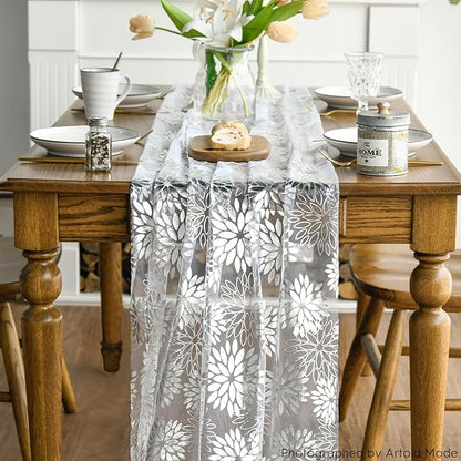 Artoid Mode White Silver Dahlia Flower Gauze Table Runner 120 Inch 10FT, Glitter Metallic Foil Seasonal Sheer Dining Holiday Table Decor for Home Party