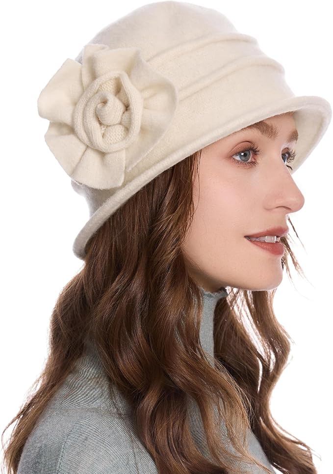 ZLYC Women Wool Cloche Bucket Hat 1920s Vintage Dress Winter Hats with Flower Accent