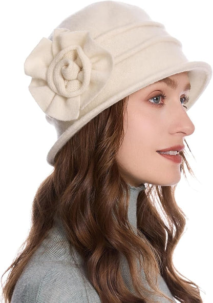ZLYC Women Wool Cloche Bucket Hat 1920s Vintage Dress Winter Hats with Flower Accent