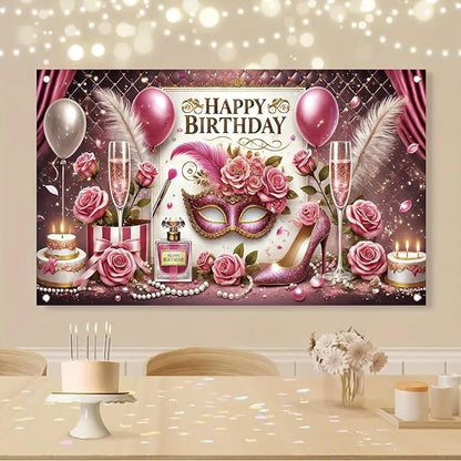 High Heel Birthday Party Backdrop, Glamorous Pink Gold High Heel Shoe Glitters, Polyester Fabric, Ideal for Women's Birthday Parties