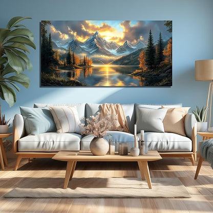 JuhaiArt Large Mountain Lake Wall Art Gold Picture Nature Artwork Landscape Canvas Decor for Living Room Bedroom Office Scenery Art 29" x 59"