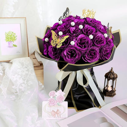 Glitter Roses Bouquet, Shiny Artificial Roses Flowers with Stems DIY Fake Glitter Flowers Bouquet for Valentine's Day, Mother's Day, Anniversary, Graduation, Birthday, Wedding, 24 Roses (Purple)