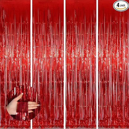 Keyali 4 Pack 3.3 * 8.3 ft Foil Curtain Metallic Tinsel Fringe Curtains Photo Booth Props Backdrop for Birthday Wedding Engagement Baby Shower Christmas Holiday Celebration Partyl,Red