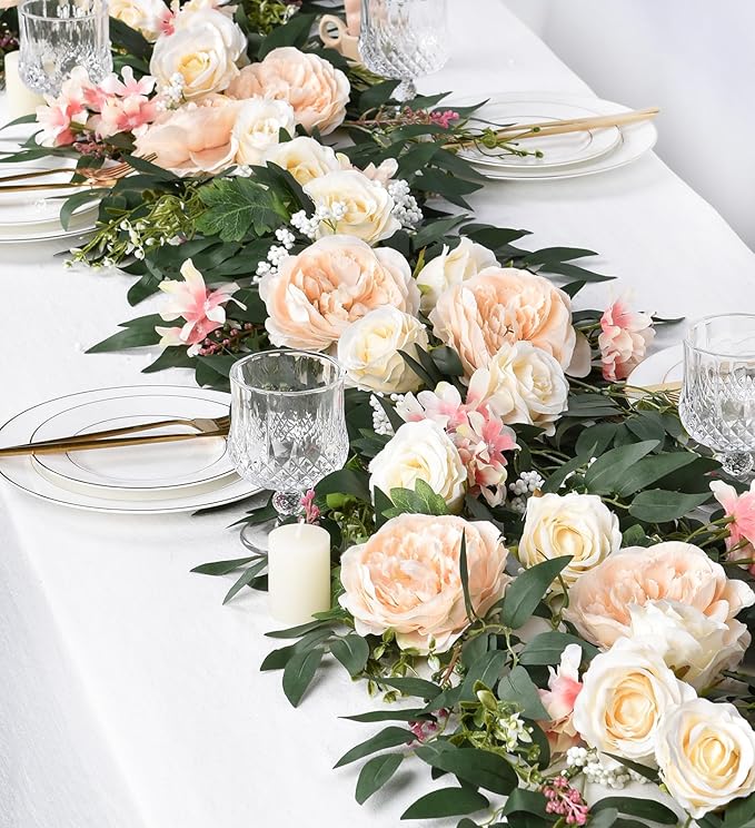 Lvydec 2 Pack Artificial Peony Flower Garland - 6ft Silk Peony Vine Willow Leaves Garland Champagne Arch Flower Vine for Wedding Party Table Decoration (Champagne)