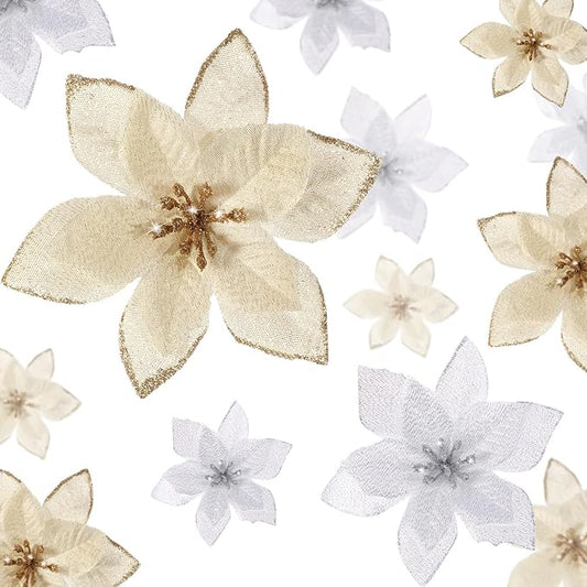 WILLBOND 24 Pcs 3 Size Poinsettia Flower Artificial Christmas Decor Glitter Poinsettia Christmas Ornaments Faux Flowers for Xmas Tree Outdoor(3.2/4/6 Inches,Gold and Silver)