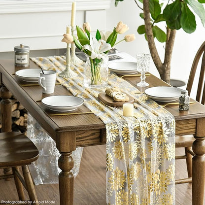 Artoid Mode Beige Gold Dahlia Flower Gauze Table Runner 120 Inch 10FT, Glitter Metallic Foil Seasonal Sheer Dining Holiday Table Decor for Home Party