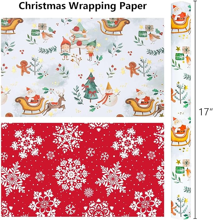 MAYPLUSS Christmas Wrapping Paper Roll - 17IN X 33FT - Santa Claus Gift Wrapping Paper Featuring Sleigh Christmas Tree Gnome Reindeer Holly Gingerbread Reversible Snowflake for Kids, Holiday, New Year