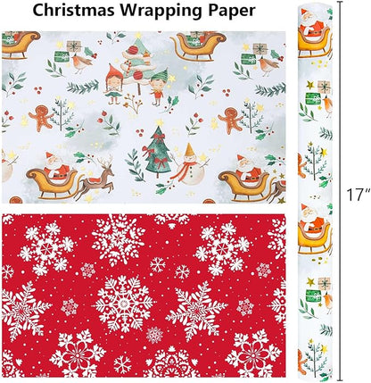 MAYPLUSS Christmas Wrapping Paper Roll - 17IN X 33FT - Santa Claus Gift Wrapping Paper Featuring Sleigh Christmas Tree Gnome Reindeer Holly Gingerbread Reversible Snowflake for Kids, Holiday, New Year