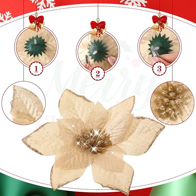 WILLBOND 24 Pcs 3 Size Poinsettia Flower Artificial Christmas Decor Glitter Poinsettia Christmas Ornaments Faux Flowers for Xmas Tree Outdoor(3.2/4/6 Inches,Champagne)