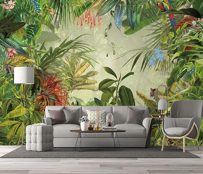 Tropical Botanical Animal Floral Bird Wallpaper Woodland Forest Tree Nursery Kids Bedroom Plant murals Living Room tv Background Large Wall Mural - 137"x96" Not Peel and Stick