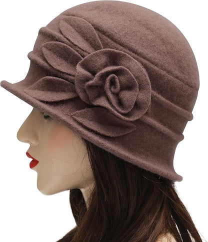 ZLYC Women Wool Cloche Bucket Hat 1920s Vintage Dress Winter Hats with Flower Accent