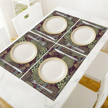 William Morris Flower Placemats Set of 4, Vintage Boho Floral Tree Plant Deers Woodland Animals Place Mats, Heat Resistant Non Slip Cotton Linen Dining Table Mats for Home Kitchen Party 18x12 Inch 1PC