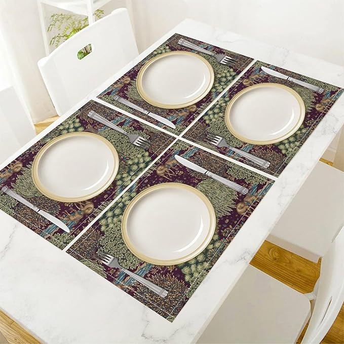 William Morris Flower Placemats Set of 6, Vintage Boho Floral Tree Plant Deers Woodland Animals Place Mats, Heat Resistant Non Slip Cotton Linen Dining Table Mats for Home Kitchen Party 18x12 Inch 1PC