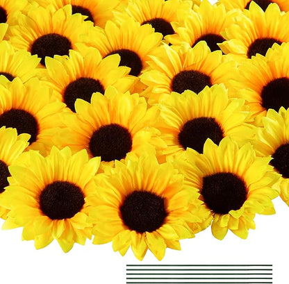 40pcs Fake Sunflower Heads with Stems, 4" Sunflower Artificial Silk Flower Heads for Party Baby Shower Wedding Making Handicrafts Home Decor(Yellow)
