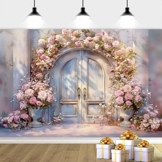6X4ft Pink Floral Photography Backdrop, Retro Oil Painting Flowers Photography Backdrop Dreamlike Wedding Portrait Photo Background Wedding Birthday Party Background Banner Decor