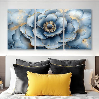 Kewhush Blue Wild Rose Canvas Wall Art, Floral Canvas Prints, Flower Blooming Set of 3 Pictures, Rose Wall Decor, Gold Accent Decor, Modern Artwork for Living Room, Bedroom (16" x 24" x 3 pcs)