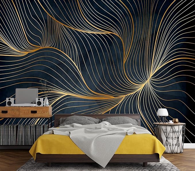 Eierme-Golden Abstract line Pattern Waves Mural Wallpaper Peel and Stick 90" x 67"