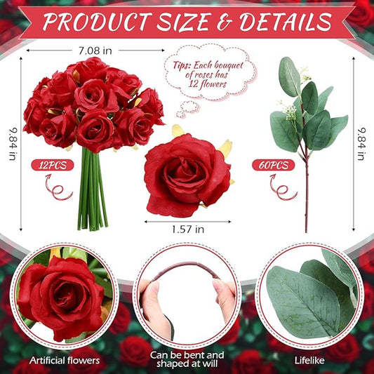Zeyune 12 Pack Wedding Bridesmaids Bouquets 7 Inch Artificial Rose Bouquets Silk Flowers with Stems Fake Floral Bundles Bulk for Wedding Bridal Shower Party Centerpieces Home Decor(Red)