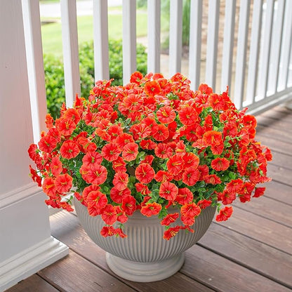 Artificial Flowers Fake Plants for Outdoors Spring Summer Decor, 12 Bundles Orange Silk Morning Glory with Eucalyptus Look Real UV Resistant Faux Flowers for Outside Planters Front Door Yard Indoor
