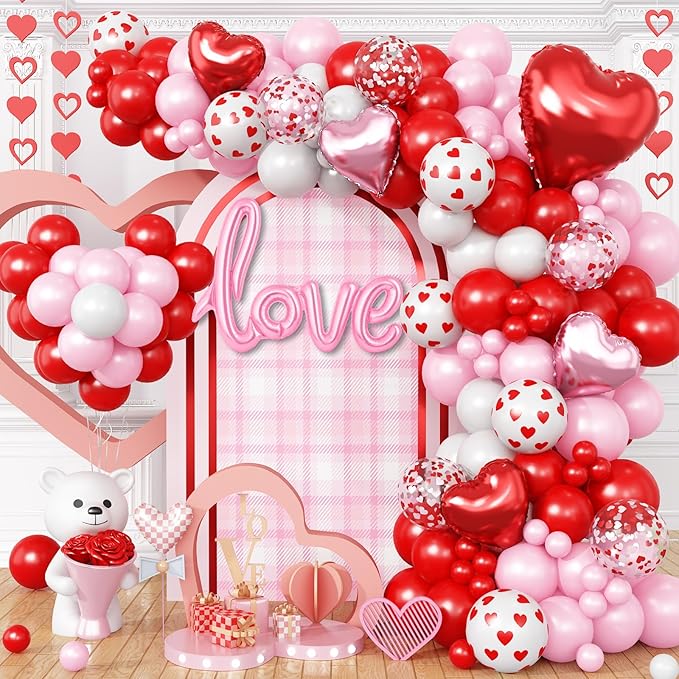 Valentines Day Balloon Arch Garland Kit, Red Pink White Heart Shaped Confetti Latex Balloon with Love Heart Foil Balloons for Happy Valentine Galentines Wedding Anniversary Birthday Party Decorations