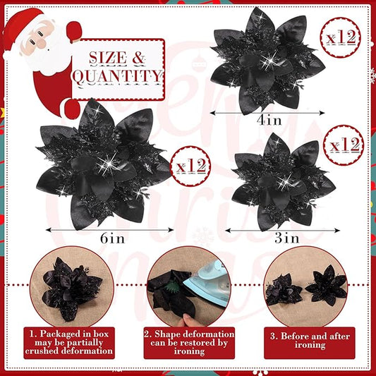 36 Pcs Christmas Glitter Artificial Poinsettia Flowers Xmas Poinsettia Artificial Wedding Flowers Decorations Xmas Tree Ornaments with Clips for Party, 6 Inch, 4 Inch, 3 Inch(Black)