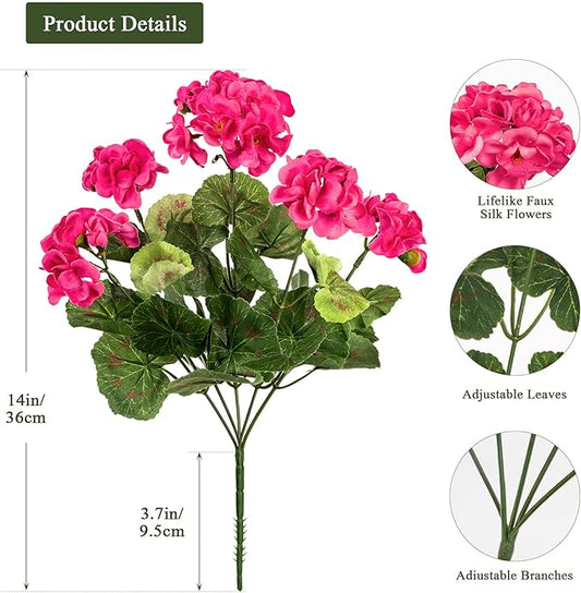 Plastic Flowers for Outdoors Home Decor Fake Plants Artificial Flowers Artificial Geraniums Outdoor Fake Flowers Silk Bouquet Fall Decoration Interior Porch Garden Decor 14.4"(Rose Red) 8PCS
