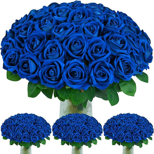 BLEUM CADE 100 Pcs Blue Roses Artificial Flowers, Real Touch Velvet Roses Fake Flowers Bulk, Artificial Roses Bouquet with Long Stems Bridal DIY Wedding Party Centerpiece Decorations