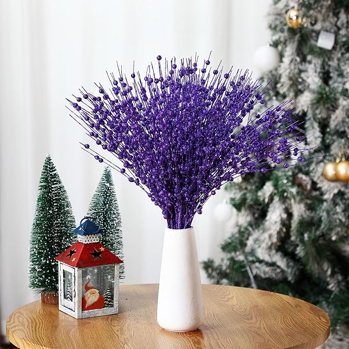 Geosar 30 Pcs Christmas Artificial Glitter Berry Stem Decorations 17 Inch Faux Stick Floral Pick Centerpiece Bouquet Flower Bead Twigs for Centerpiece Tree Wreath Xmas Ornaments Home(Purple)