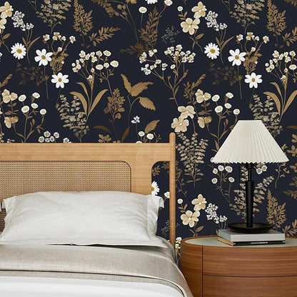 Dark Floral Wallpaper Peel and Stick 17.5in x 197in Vintage Navy Gold Leaf Wallpaper Vinyl Waterproof Self-Adhesive Dark Blue Botanical Wall Paper Mural for Bookcase Bedroom Cabinet Decor
