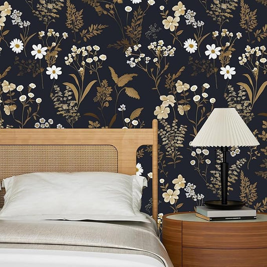 Dark Floral Wallpaper Peel and Stick 17.5in x 197in Vintage Navy Gold Leaf Wallpaper Vinyl Waterproof Self-Adhesive Dark Blue Botanical Wall Paper Mural for Bookcase Bedroom Cabinet Decor