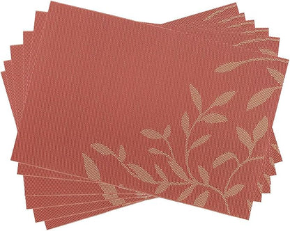Gugrida Place Mats PVC Set of 6, Table Placemats Set of 6 PVC Woven Vinyl Place Mats Table Mats Natural Color (6 pcs, Oriange Leaves)