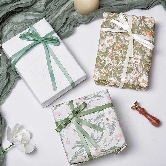 Sage Green Double Face Satin Ribbon 3/8 Inch x 45 Yards Moss Green Cream Fabric Ribbon for Gift Wrapping, Flower Bouquets, Bows Making, Wedding Decoration, Invitations, Christmas (3 Rolls *15Yd)