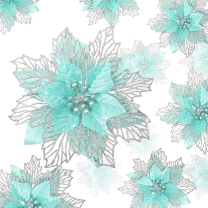 Geosar 24 Pieces Christmas Glitter Poinsettia Flowers Layered Artificial Xmas Flowers Wedding Christmas Tree New Year Ornaments 3/4/6 Inch(Light Green)