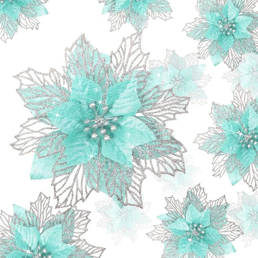Geosar 24 Pieces Christmas Glitter Poinsettia Flowers Layered Artificial Xmas Flowers Wedding Christmas Tree New Year Ornaments 3/4/6 Inch(Light Green)