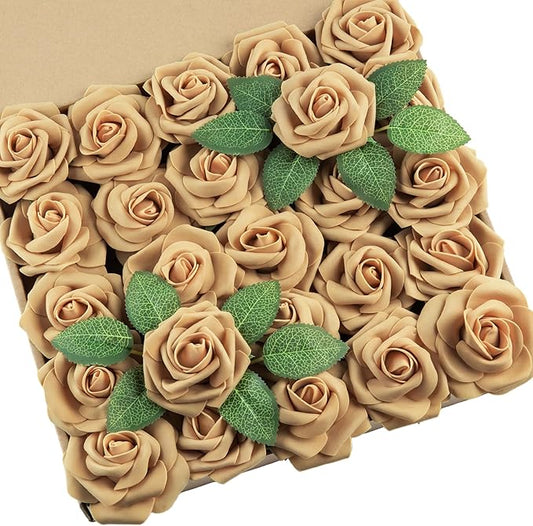DuHouse 25Pcs Artificial Roses Flowers Fake Roses with Stems Real Touch Foam Flowers for DIY Wedding Bouquet Baby Shower Centerpiece Floral Arrangement Party Home Decor (Light Gold)