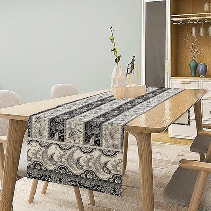 Vintage Bohemian Table Runner, Striped Black Grey Paisley Flower Boho Table Runner for Kitchen Dining Holiday Home Party, 13x70 Inch