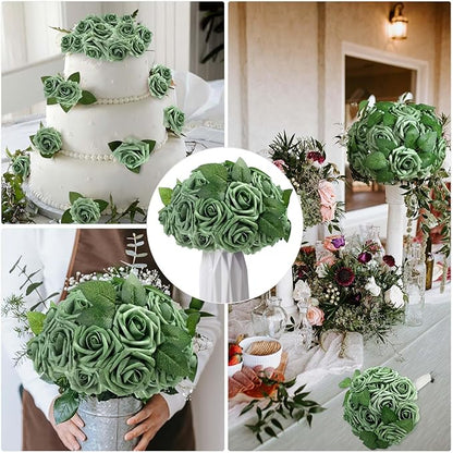 100 Pieces Artificial Foam Rose Flowers Faux Bouquet with Leaves and Stems for DIY Wedding Bouquets Centerpieces Bridal Shower Party Valentine Home Decorations(Elf Green)