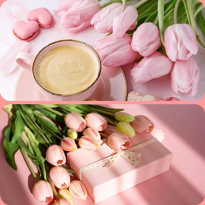 Sggvecsy 15 Pcs Fake Tulips Artificial Flowers Real Touch PU Faux Flowers Tulip Stems for Wedding Spring Bouquet Floral Arrangement Home Party Office Decorations for Mother's Day (Milk Pink)