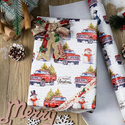 MAYPLUSS Christmas Wrapping Paper Roll - 17 In x 33 Feet - Cute Watercolor Christmas Tree Truck Snowman Gift Wrap Paper for New Year, Holiday, Kids