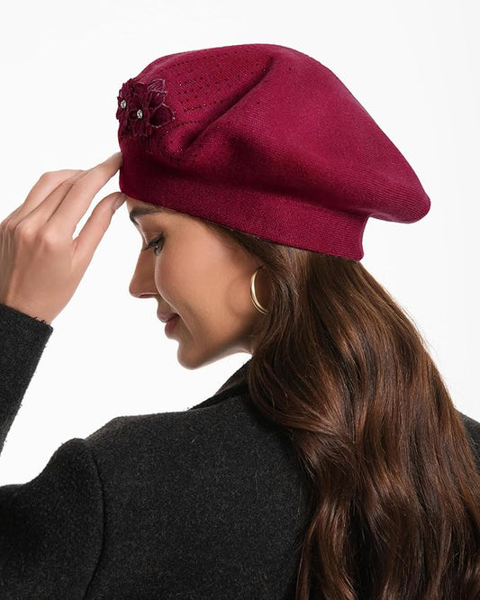 Flower Embroidery Beret Hat for Women, French Style Knitted Beret Hats, Stylish Solid Color Beret Cap for Women Girls Lady