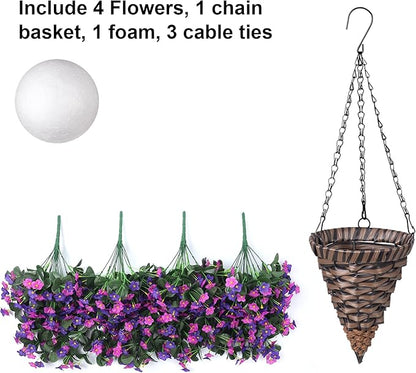 Artificial Fake Hanging Flowers with Basket for Outdoor Decoration,UV Resistant Faux Silk Daisy Flowers Dark Purple and Fuchsia Orchid Vines in Planter Realistic Hanging Baskets for Home Porch Garden