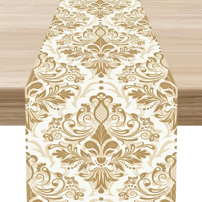 Golden Damask Table Runner, Luxury Antique White Gold Bohemian Exotic Flower Cafe Table Center Decor for Home Kitchen Dining Patio Holiday Party Indoor Outdoor Table Decorations 13x72 inch