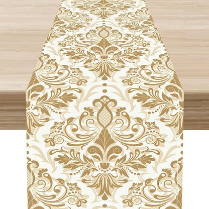 Golden Damask Table Runner, Luxury Antique White Gold Bohemian Exotic Flower Cafe Table Center Decor for Home Kitchen Dining Patio Holiday Party Indoor Outdoor Table Decorations 13x90 inch