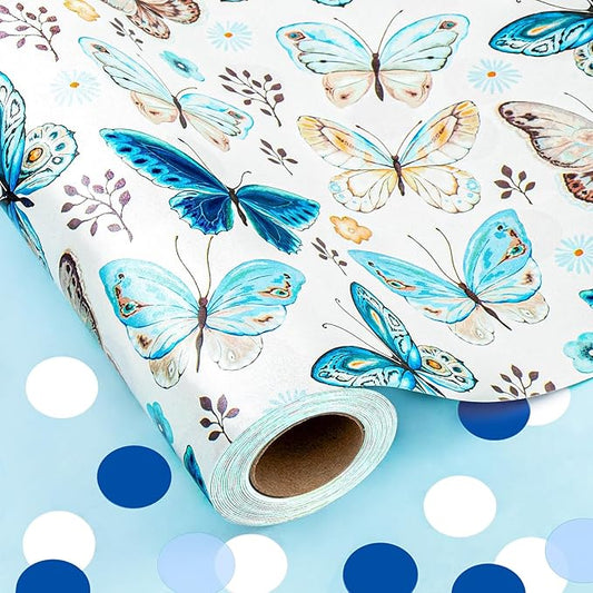MAYPLUSS Butterfly Wrapping Paper, Vintage Watercolor Butterfly Fairy Gift Wrapping Paper for Women Girls Pearl Birthday Wrap in Blues Reversible Polka Dot for Baby Shower, Wedding (17Inch X 33Feet)